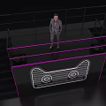 Stage With Purple Border Railing Cat Face Illuminated Design And Man Standing On Side Stairs