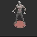 Game Character 3D Model With Bald Head Red Tattoos Holding Knives Gray Pants Pink Base