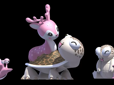 Game Movie Cartoon Characters Pink Spotted Deer Riding Turtle With Patterned Shell And Small Snail 3d model