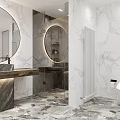 Modern Luxury Bathroom with Marble Walls Round Mirror Wooden Countertop Vanity White Radiator and Toilet