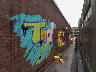 Vibrant Colorful Graffiti Art on Brick Wall in Urban Alleyway with Trash Bins and Buildings 3d model