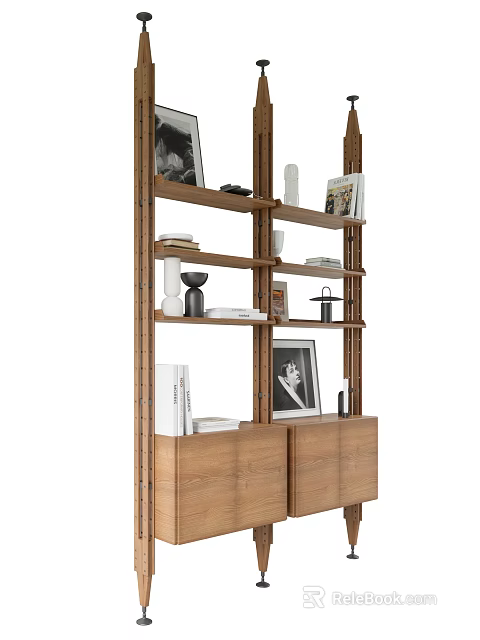 Modern Wooden Bookcase With Multiple Shelves Books Photo Frames And Decorative Items 3d model 