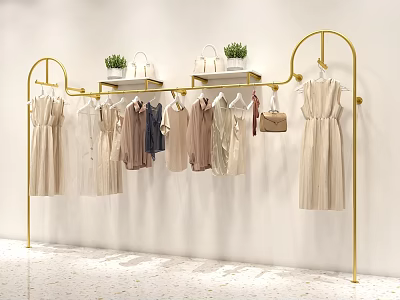Elegant Golden Clothes Rack Displaying Dresses With Potted Plants And Handbags 3d model