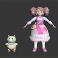 Game Movie Character With Pink Pigtails Star Decorations Diamond Patterned Dress And White Cat Companion