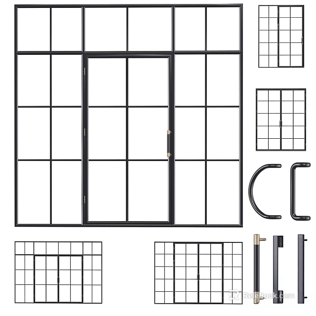 Sturdy Hinged Door With Grid Glass Panels And Frame Hardware Components 3d model 