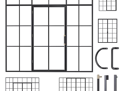 Sturdy Hinged Door With Grid Glass Panels And Frame Hardware Components 3d model
