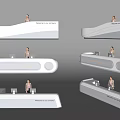 Modern Reception Desk with Curved Design Welcome Sign and Person Standing