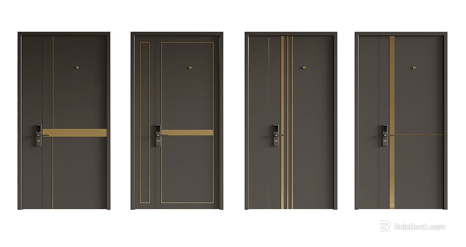 Stylish Modern Double Door Designs With Gold Accents And Black Frames For Home Entrance 3d model 