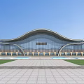 Modern Architectural Transportation Hub Featuring Wavy Roof Glass Facade Plaza And Green Areas
