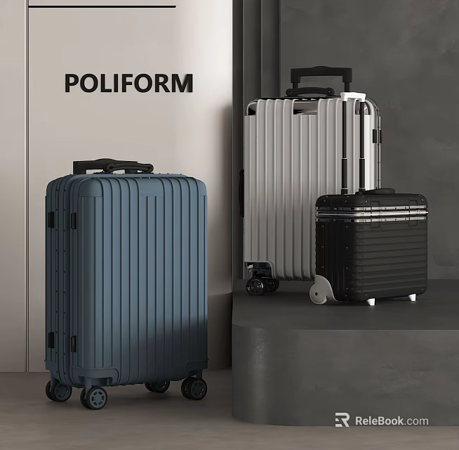 POLIFORM Luggage Collection With Blue Silver Black Modern Striped Design And Rolling Wheels 3d model 