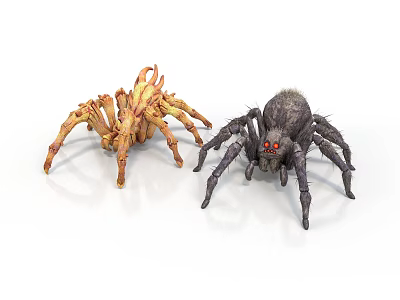 Realistic Detailed Yellow and Black Spider Figurines with Red Eyes on White Background 3d model
