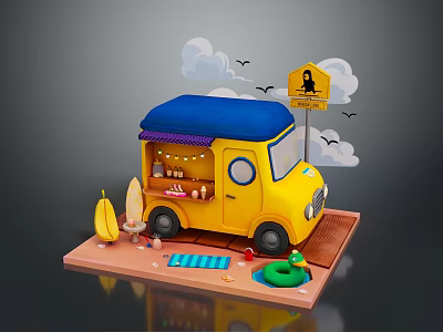 Yellow Food Truck Scene With Blue Canopy Banana Umbrella And Inflatable Ring 3d model