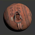 Red Pottery Vase Sculpture With Handle And Circular Carved Patterns