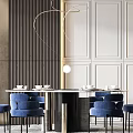 Elegant Modern Dining Set With Round Table Blue Chairs And Paneled Walls 3d model