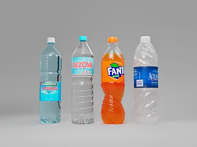 Assorted Beverage Bottles Including Spring Water PECOLA Fanta Mountain on Gray Background 3d model