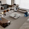 Modern Open Concept Living Dining Room With Sofa TV Wall And Marble Accents