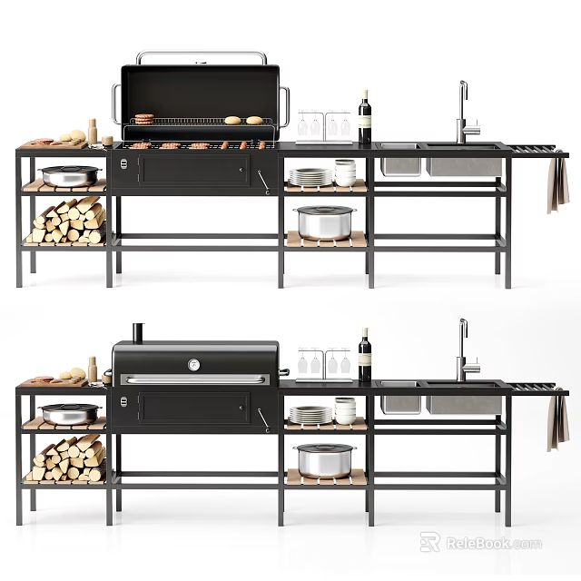 Outdoor Grill Stove Setup With Grilled Skewers Wine Bottle Sink And Firewood 3d model 