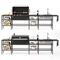Outdoor Grill Stove Setup With Grilled Skewers Wine Bottle Sink And Firewood