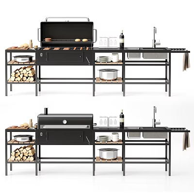 Outdoor Grill Stove Setup With Grilled Skewers Wine Bottle Sink And Firewood 3d model