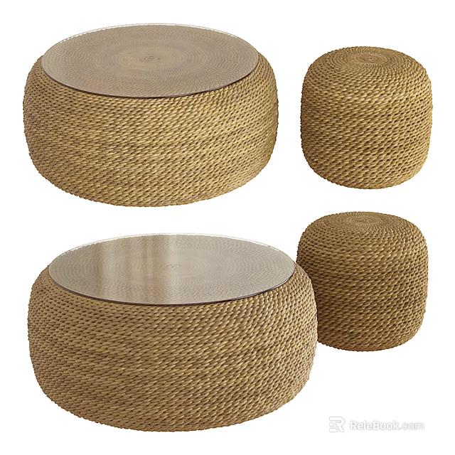 Woven Rattan Round Coffee Table With Glass Top And Various Sizes 3d model 