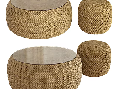 Woven Rattan Round Coffee Table With Glass Top And Various Sizes 3d model