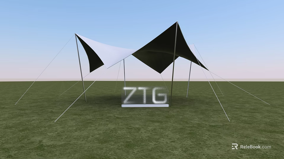 Modern Black and White Tensile Membrane Structure on Green Grassland with ZTG Sign 3d model 