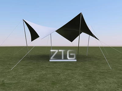 Modern Black and White Tensile Membrane Structure on Green Grassland with ZTG Sign 3d model