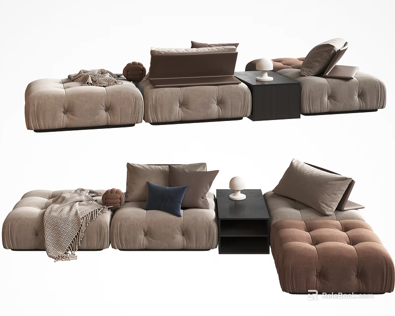 Modern Comfortable Sectional Sofa With Tufted Design Pillows Throw Blanket And Side Table 3d model