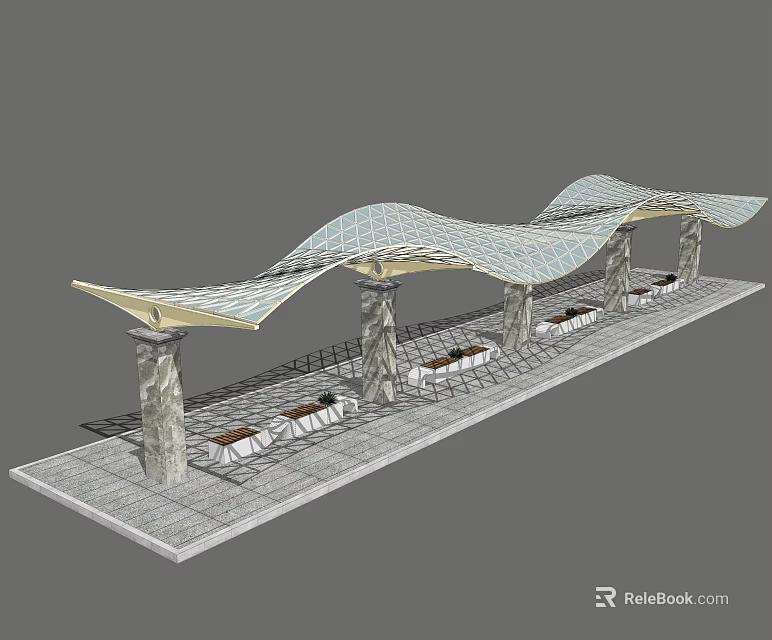 Modern Train Station With Wavy Roof Design Columns And Seating Areas 3d model 