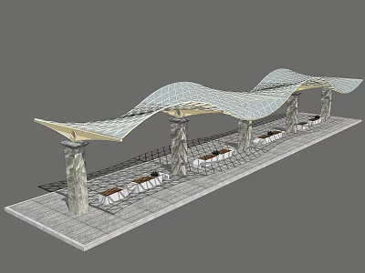 Modern Train Station With Wavy Roof Design Columns And Seating Areas 3d model