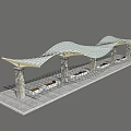 Modern Train Station With Wavy Roof Design Columns And Seating Areas