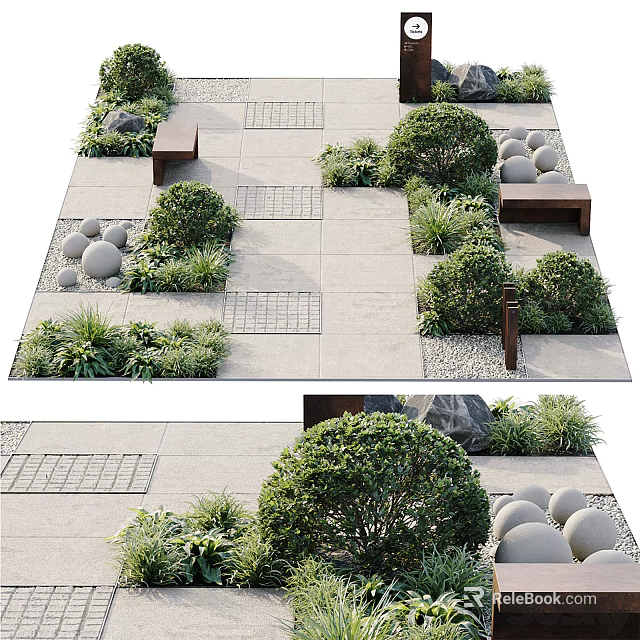 Garden Landscape Design With Stone Paving Round Stone Balls Bushes Benches And Green Plants 3d model 