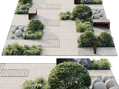 Garden Landscape Design With Stone Paving Round Stone Balls Bushes Benches And Green Plants 3d model