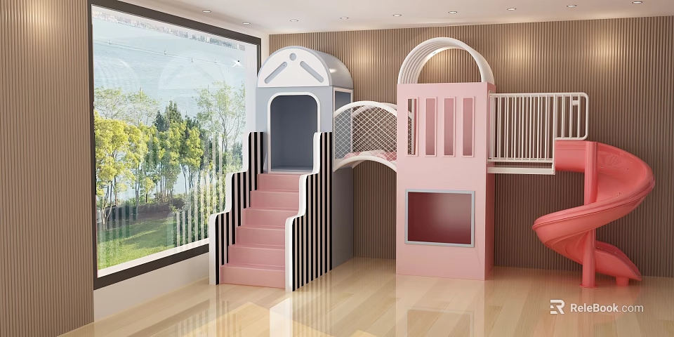 Indoor Pink Gray Children's Play Equipment Staircase Slide Platform With Wooden Floor Window Green Plants 3d model 
