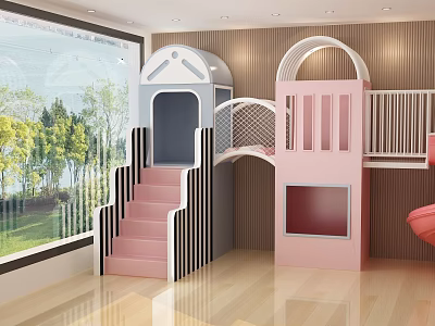 Indoor Pink Gray Children's Play Equipment Staircase Slide Platform With Wooden Floor Window Green Plants 3d model