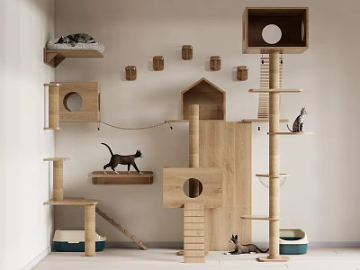 Wooden Cat Tree Furniture With Scratching Posts Platforms And Cozy Beds 3d model