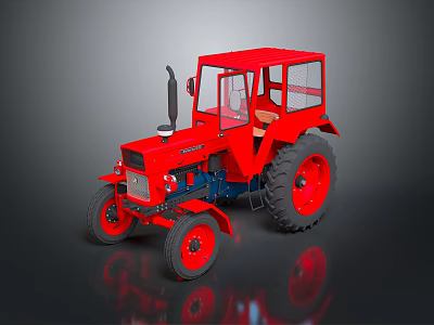 Red Tractor 3D Model With Cab Large Wheels And Dark Reflective Surface 3d model
