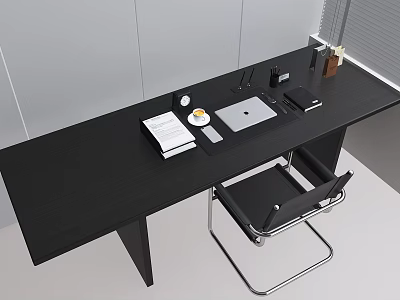 Modern Black Office Desk With Books Magazines Laptop Coffee Cup And Documents 3d model