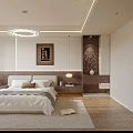 Modern Bedroom Interior With White Bed Round Ceiling Light Wooden Nightstand And Wall Art