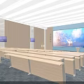 Modern Conference Room Interior With Wooden Long Tables Stepped Seating And Multiple Screens