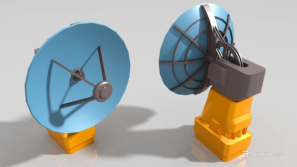 Two Blue Dish Shaped Industrial Equipment With Yellow Base And Metal Frame 3d model 