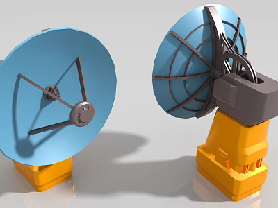 Two Blue Dish Shaped Industrial Equipment With Yellow Base And Metal Frame 3d model