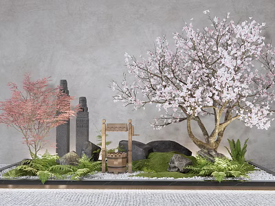 Serene Garden Courtyard Featuring Cherry Blossom Tree Red Maple Stone Pillars And Wooden Well 3d model
