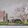 Serene Garden Courtyard Featuring Cherry Blossom Tree Red Maple Stone Pillars And Wooden Well