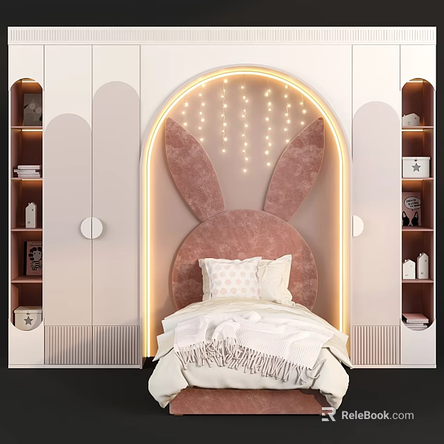 Pink Rabbit Ear Headboard Kids Bed with Arched String Lights and Side Shelves 3d model 