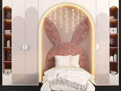 Pink Rabbit Ear Headboard Kids Bed with Arched String Lights and Side Shelves 3d model