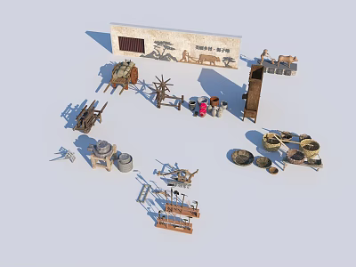 Country farming sketches farm ornaments farmhouse entertainment threshing machine cart plough basket frame stone mill 3d model