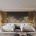 Modern Hotel Room Interior With Wooden Walls Hanging Landscape Painting Sofa And Bed