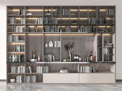 Modern Bookcase with Multiple Shelves Books Decorative Items Wine Bottles Glasses and Illuminated Lighting 3d model