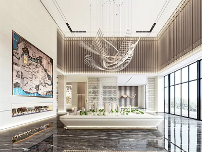 Luxury Modern Sales Office Interior With Grand Chandelier Marble Floor Large Windows Decorative Painting 3d model